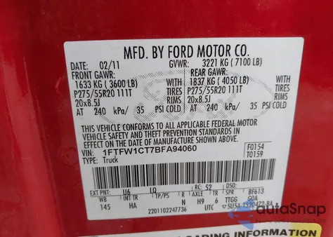 2011 Ford F-150 Lariat from USA, damaged, VIN 1FTFW1CT7BFA94060